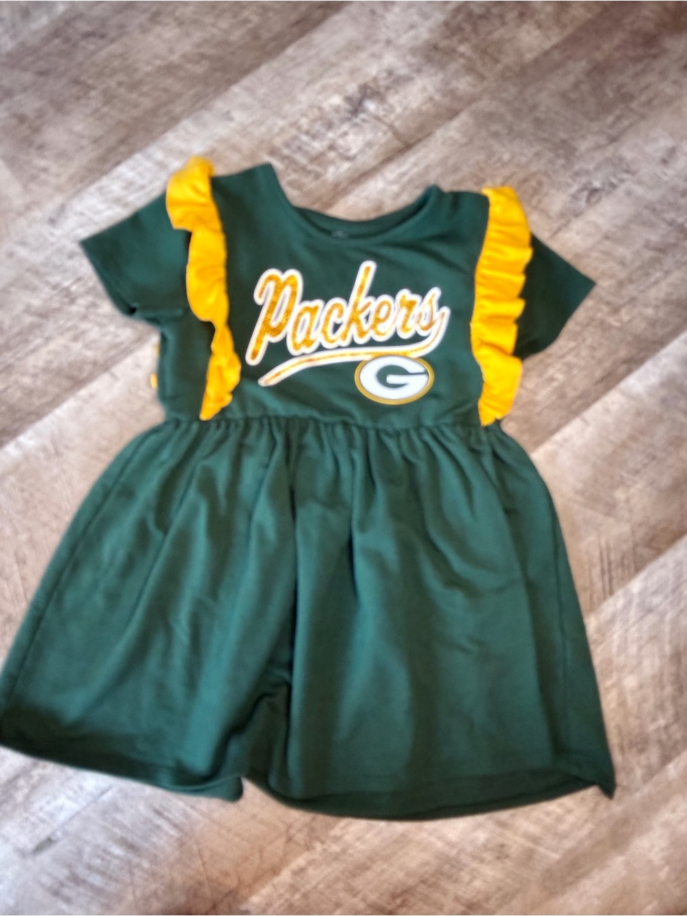NFL Green and Yellow Packers Girls' Dress Ruffle Detail, Sparkle Letters